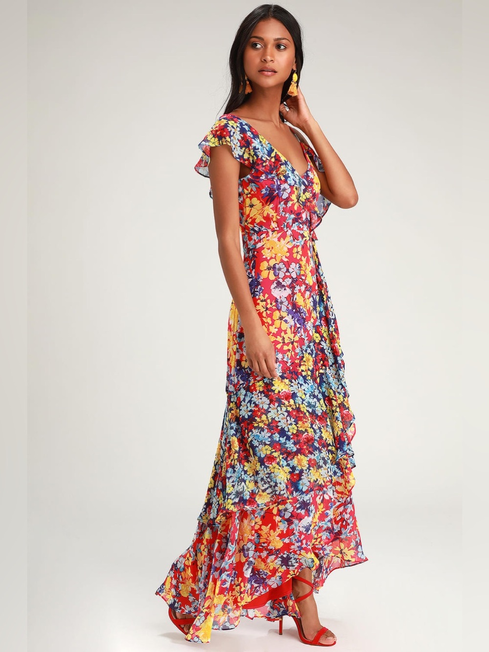 Lulu’s Radiant Rudy Red Floral Print Chiffon Maxi Dress Medium NWT - Picture 3 of 14